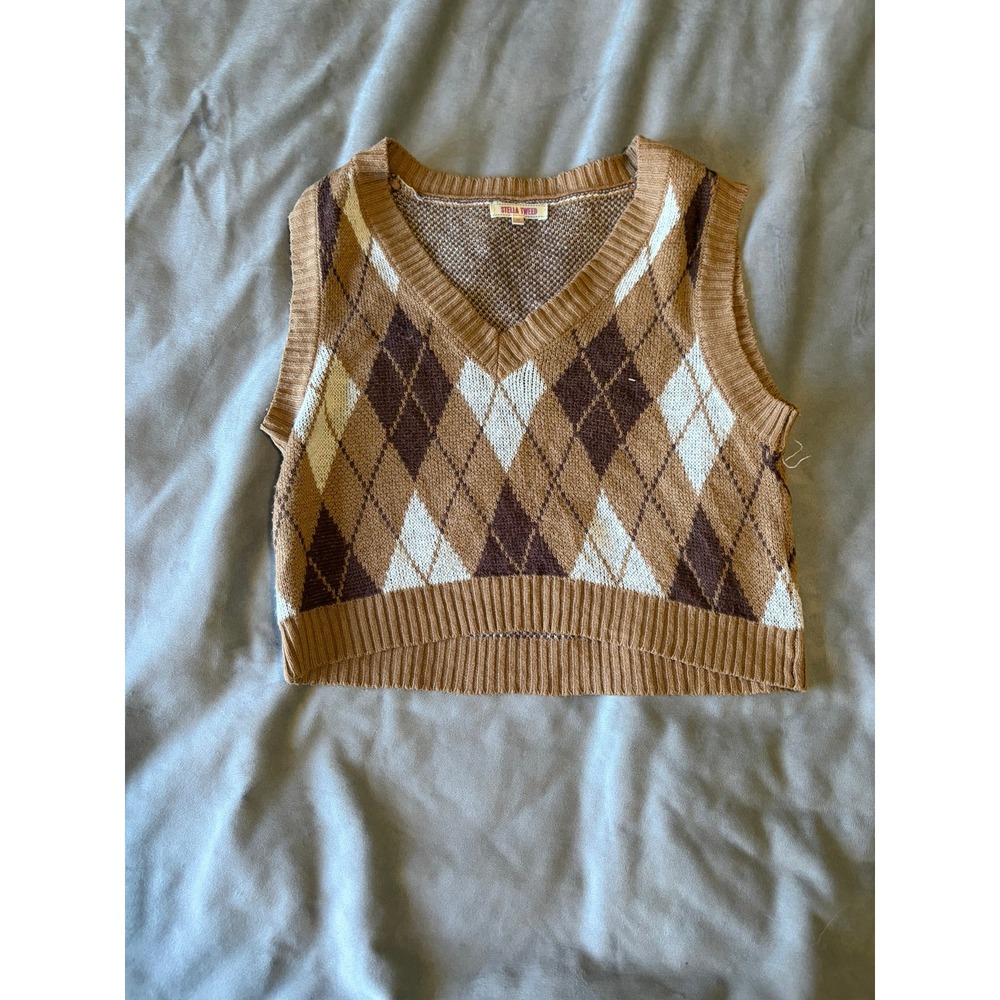 Stella Tweed Brown Argyle V-Neck Sweater Vest Cropped Knit Top Medium